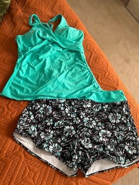 Women’s Turquoise Tankini Set with Floral Swim Shorts